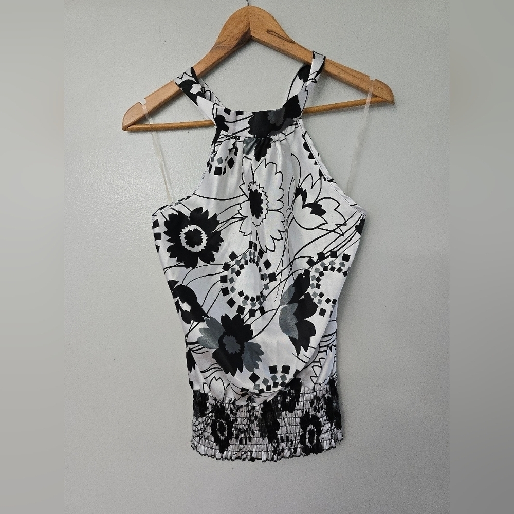 Charlotte Russe Halter Top Size Medium Black White Floral Smocked Bottom Y2K USA